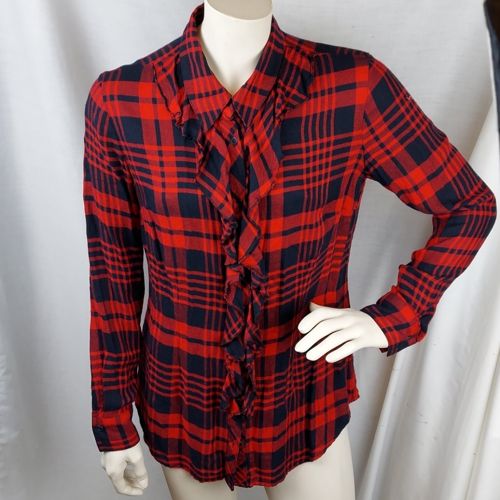 CAbi Limited Edition Red Plaid Lodge Ruffled Top